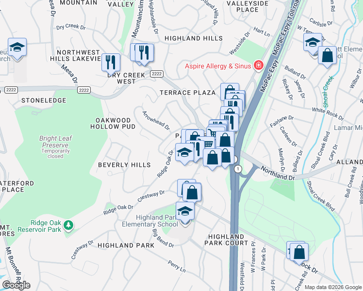 map of restaurants, bars, coffee shops, grocery stores, and more near 5409 Highland Crest Drive in Austin
