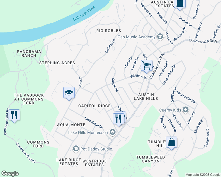 map of restaurants, bars, coffee shops, grocery stores, and more near 1107 Village West Drive in Austin