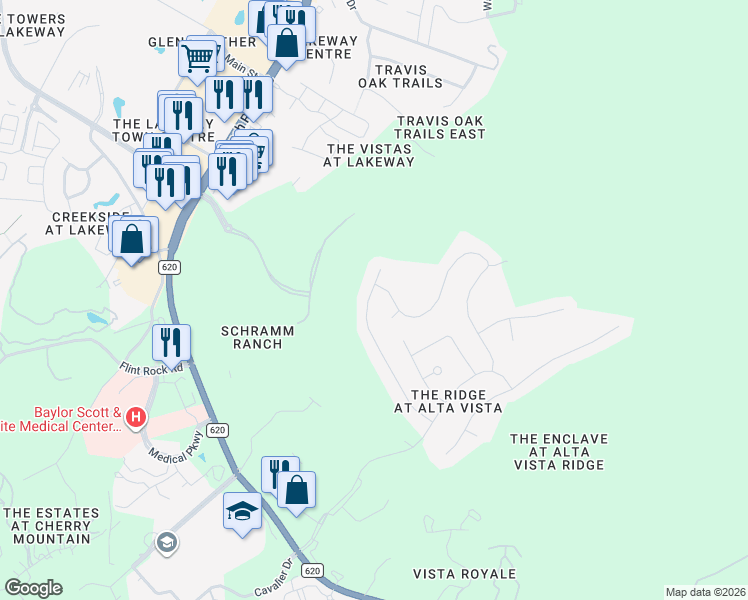 map of restaurants, bars, coffee shops, grocery stores, and more near 150 Lakota Pass in Lakeway