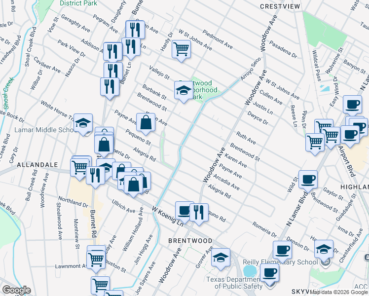 map of restaurants, bars, coffee shops, grocery stores, and more near 6506 Arroyo Seco in Austin