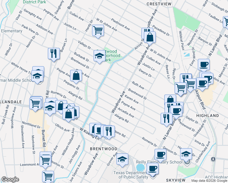 map of restaurants, bars, coffee shops, grocery stores, and more near 1411 Karen Avenue in Austin