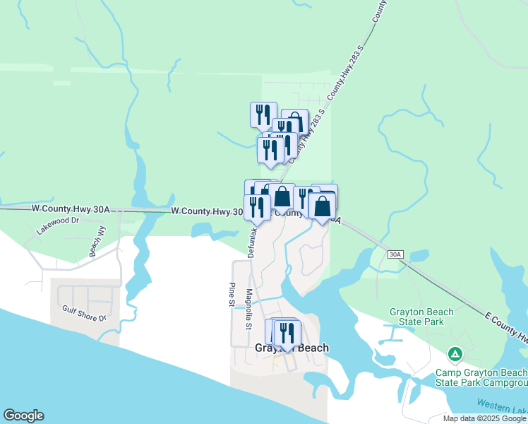 map of restaurants, bars, coffee shops, grocery stores, and more near 6 East Co Highway 30A in Santa Rosa Beach