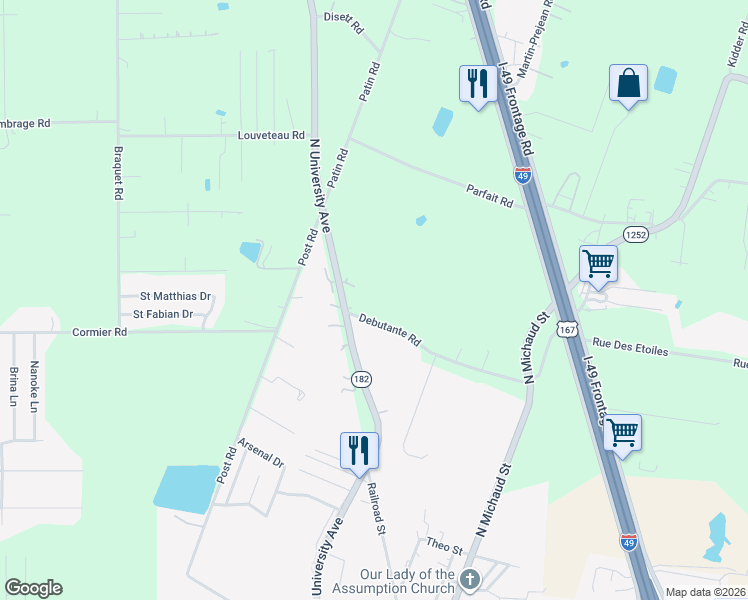 map of restaurants, bars, coffee shops, grocery stores, and more near 107 Debutante Road in Carencro