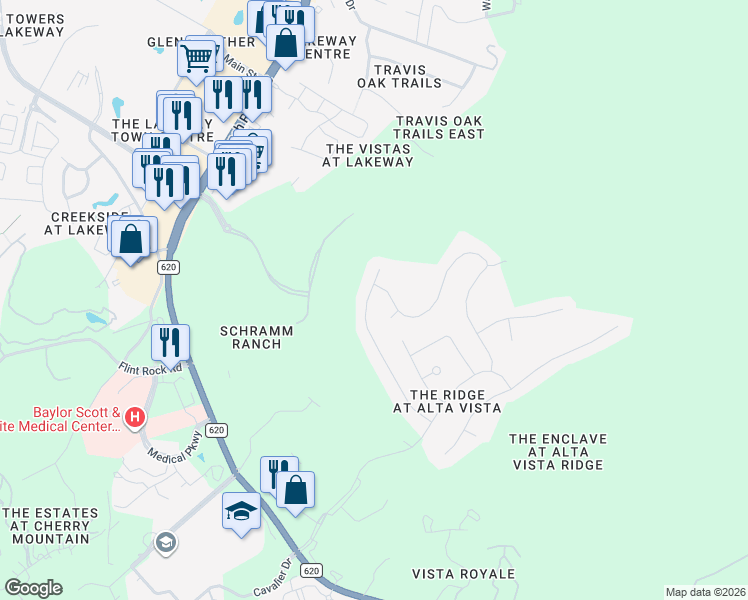 map of restaurants, bars, coffee shops, grocery stores, and more near 150 Lakota Pass in Lakeway