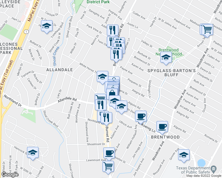 map of restaurants, bars, coffee shops, grocery stores, and more near Burnet Rd & Romeria Dr in Austin