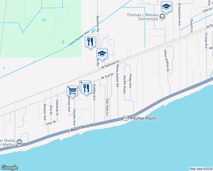 map of restaurants, bars, coffee shops, grocery stores, and more near 1 Oak Alley Lane in Long Beach