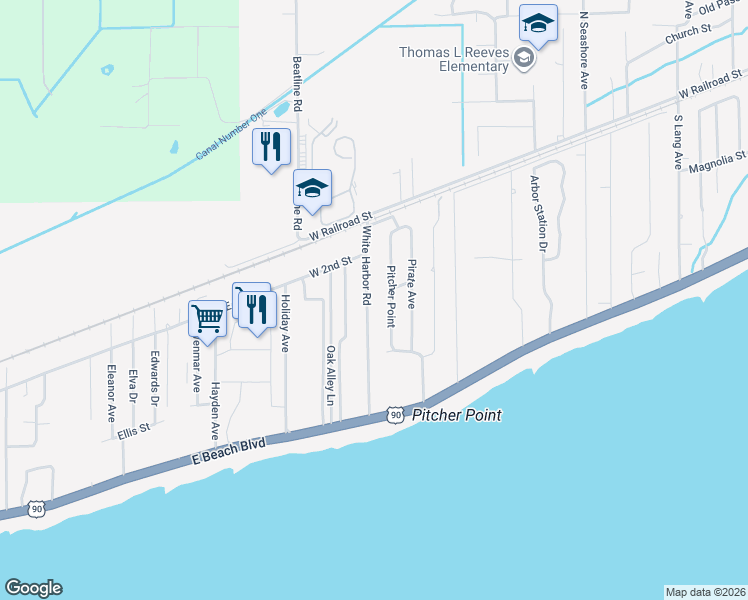 map of restaurants, bars, coffee shops, grocery stores, and more near 215 White Harbor Road in Long Beach