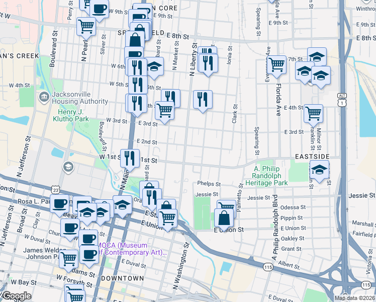 map of restaurants, bars, coffee shops, grocery stores, and more near 1141 North Liberty Street in Jacksonville