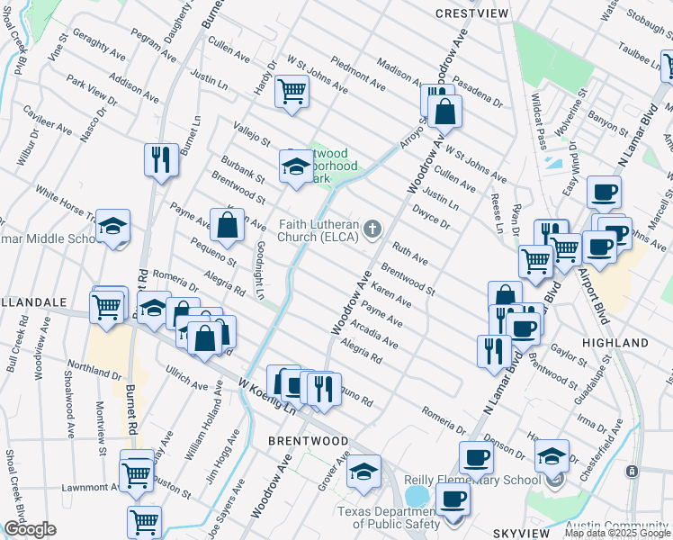 map of restaurants, bars, coffee shops, grocery stores, and more near 1413 Karen Avenue in Austin