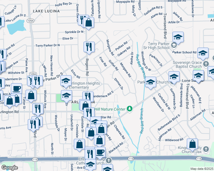 map of restaurants, bars, coffee shops, grocery stores, and more near 1438 Brandemere Court West in Jacksonville