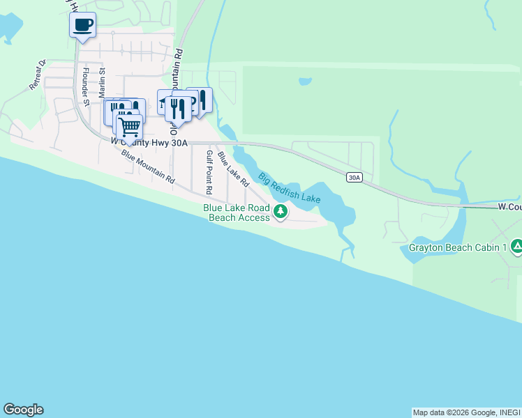 map of restaurants, bars, coffee shops, grocery stores, and more near 254 Blue Lake Road in Santa Rosa Beach