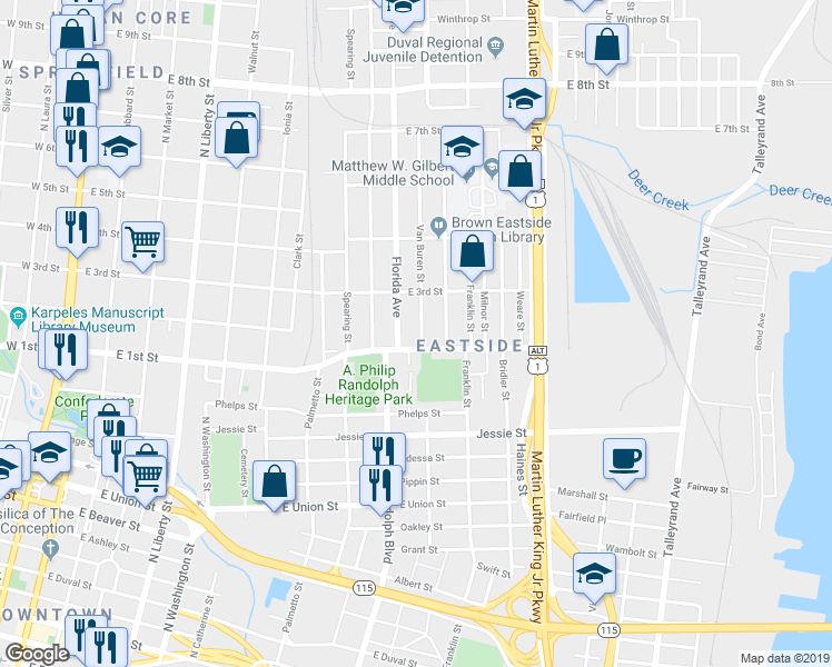 map of restaurants, bars, coffee shops, grocery stores, and more near 1147 Florida Avenue in Jacksonville