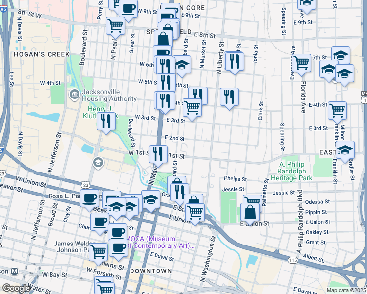 map of restaurants, bars, coffee shops, grocery stores, and more near 130 East 2nd Street in Jacksonville