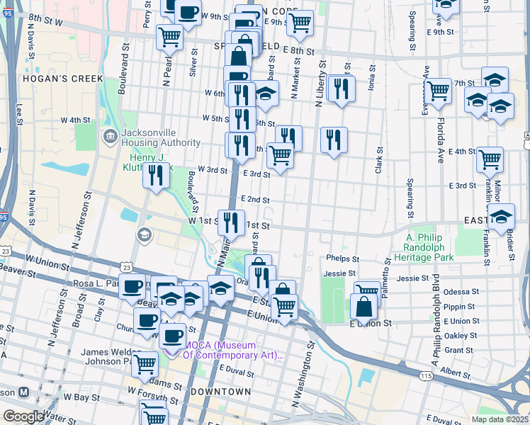 map of restaurants, bars, coffee shops, grocery stores, and more near 130 East 2nd Street in Jacksonville