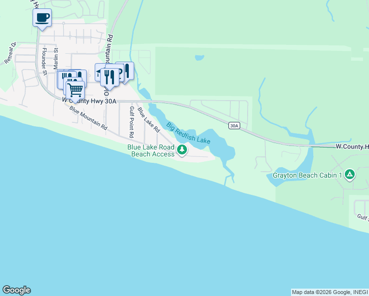 map of restaurants, bars, coffee shops, grocery stores, and more near 303 Blue Lake Road in Santa Rosa Beach