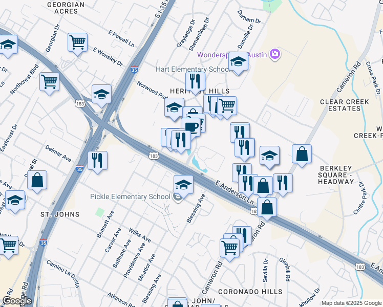 map of restaurants, bars, coffee shops, grocery stores, and more near 1041 Norwood Park Boulevard in Austin