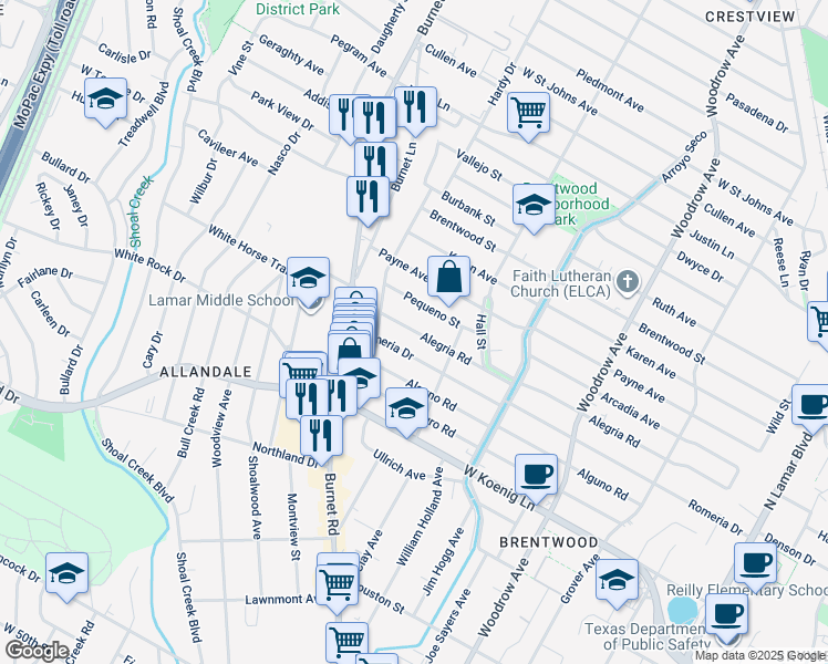 map of restaurants, bars, coffee shops, grocery stores, and more near 2004 Alegria Road in Austin