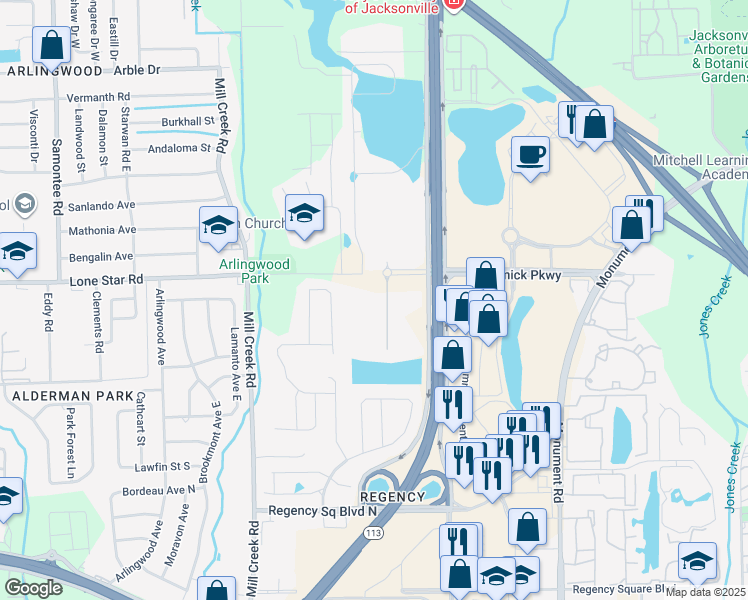map of restaurants, bars, coffee shops, grocery stores, and more near 1462 Solera Terrace in Jacksonville