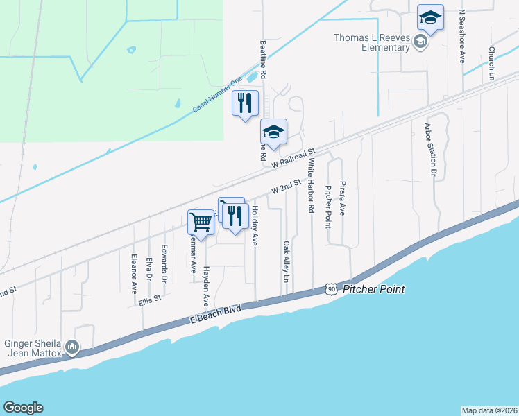 map of restaurants, bars, coffee shops, grocery stores, and more near 162 Holiday Avenue in Pass Christian