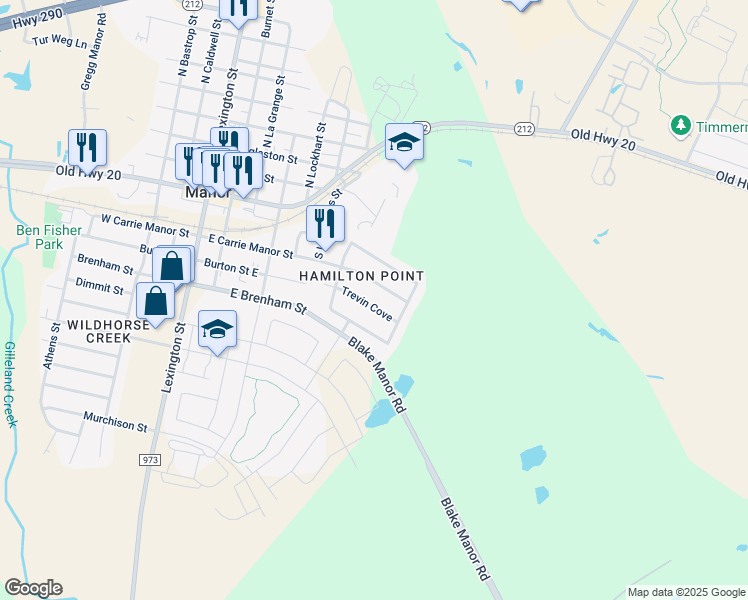 map of restaurants, bars, coffee shops, grocery stores, and more near 16801 Jaron Drive in Manor