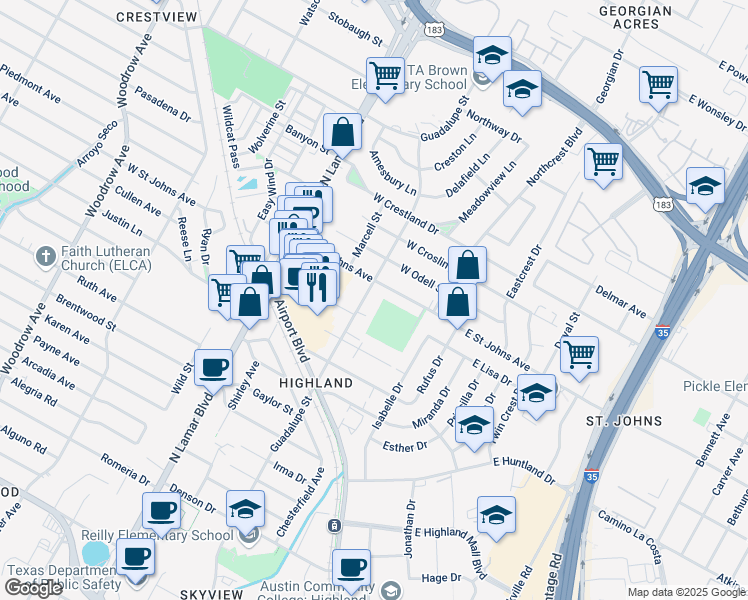 map of restaurants, bars, coffee shops, grocery stores, and more near 513 West Saint Johns Avenue in Austin