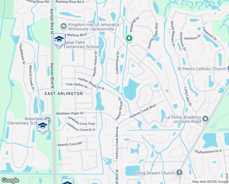 map of restaurants, bars, coffee shops, grocery stores, and more near 12473 Harbor Winds Drive North in Jacksonville