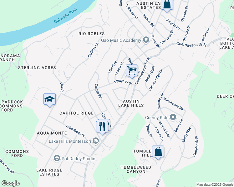 map of restaurants, bars, coffee shops, grocery stores, and more near 1211 Miami Drive in Austin