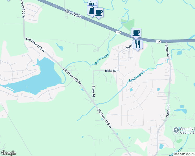 map of restaurants, bars, coffee shops, grocery stores, and more near 1525 Blake Road in Conroe