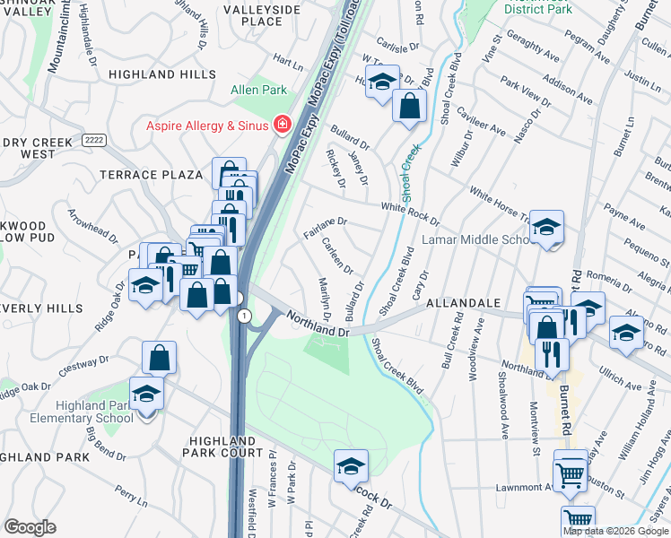map of restaurants, bars, coffee shops, grocery stores, and more near 5907 Carleen Drive in Austin