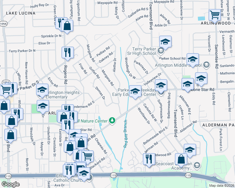 map of restaurants, bars, coffee shops, grocery stores, and more near 1363 Morgana Rd in Jacksonville