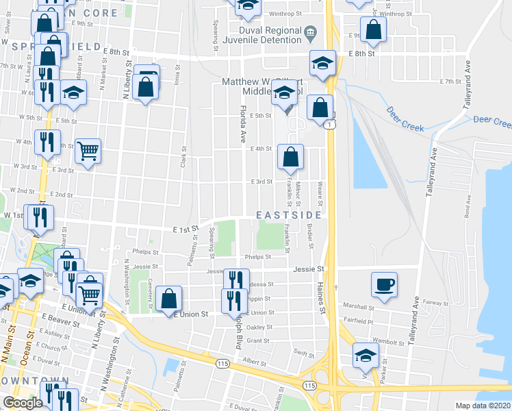 map of restaurants, bars, coffee shops, grocery stores, and more near 1147 Florida Avenue in Jacksonville