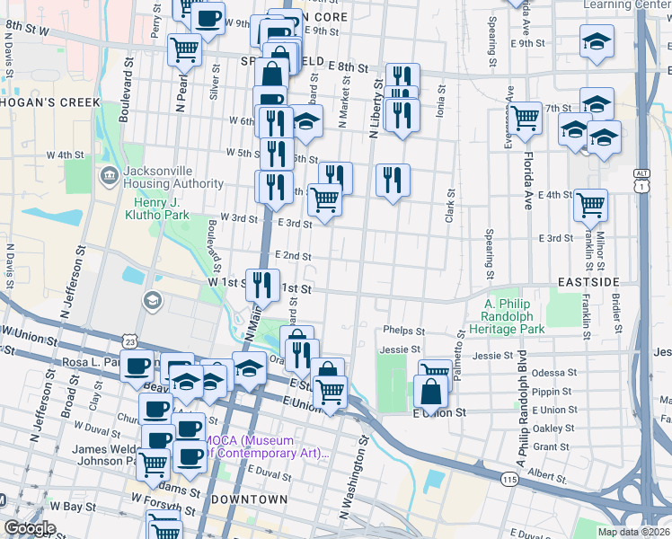 map of restaurants, bars, coffee shops, grocery stores, and more near 225 East 2nd Street in Jacksonville