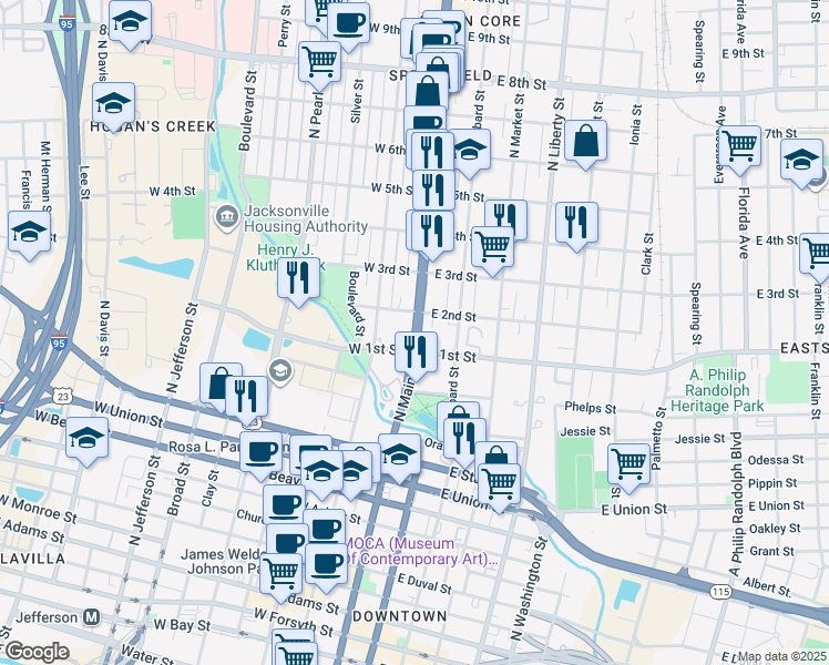 map of restaurants, bars, coffee shops, grocery stores, and more near 1148 North Main Street in Jacksonville