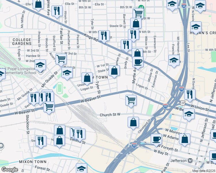 map of restaurants, bars, coffee shops, grocery stores, and more near 803 Rushing Street in Jacksonville