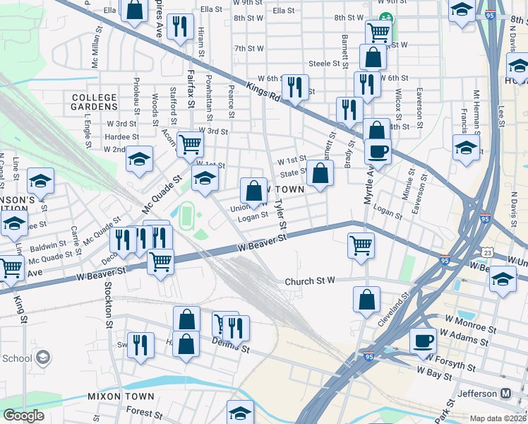 map of restaurants, bars, coffee shops, grocery stores, and more near 1545 Union Street West in Jacksonville