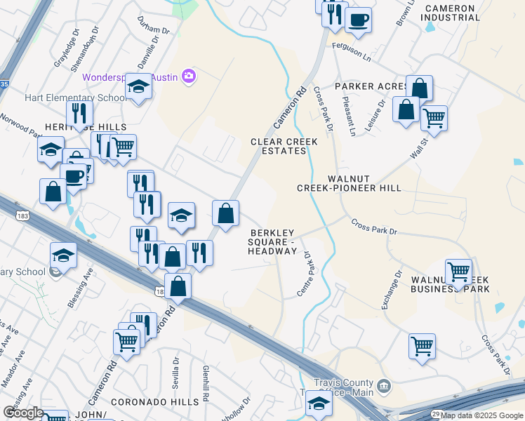map of restaurants, bars, coffee shops, grocery stores, and more near 1418 Park Center Dr in Austin