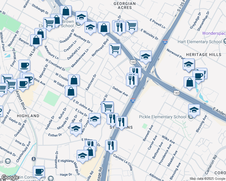 map of restaurants, bars, coffee shops, grocery stores, and more near 409 Delmar Avenue in Austin