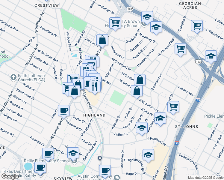 map of restaurants, bars, coffee shops, grocery stores, and more near 513 West Saint Johns Avenue in Austin