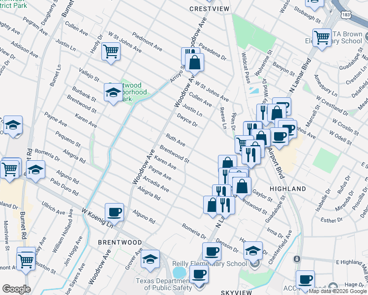 map of restaurants, bars, coffee shops, grocery stores, and more near 1213 Ruth Avenue in Austin