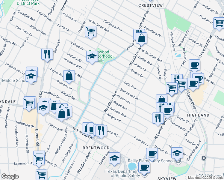 map of restaurants, bars, coffee shops, grocery stores, and more near 1409 Brentwood Street in Austin