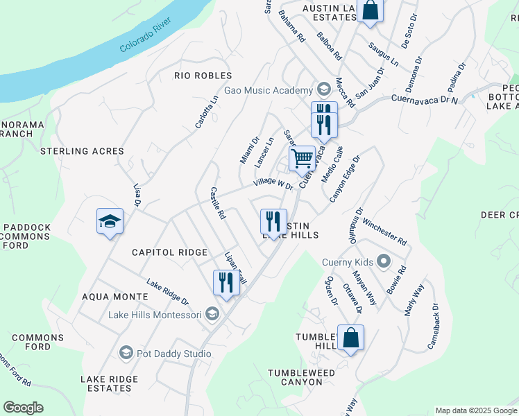 map of restaurants, bars, coffee shops, grocery stores, and more near 1211 Miami Drive in Austin