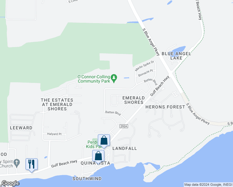 map of restaurants, bars, coffee shops, grocery stores, and more near 338 Mizzen Lane in Pensacola
