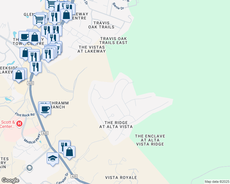 map of restaurants, bars, coffee shops, grocery stores, and more near 117 Lakota Pass in Austin