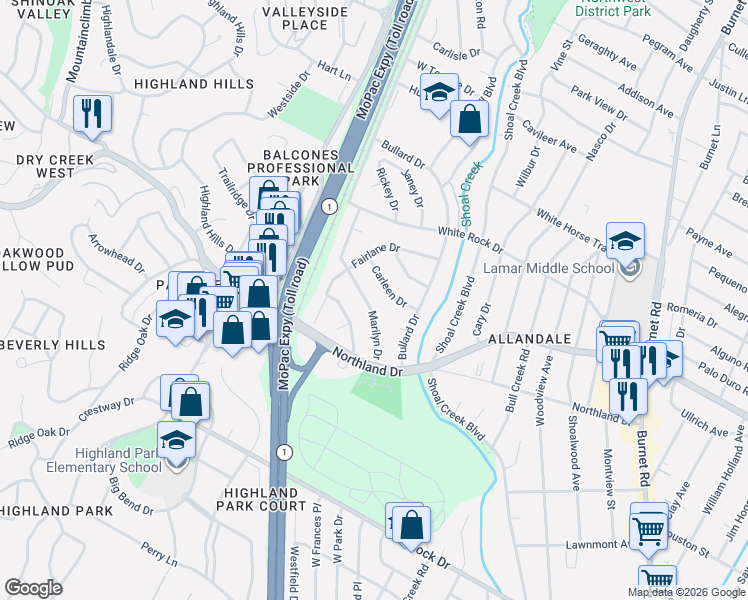 map of restaurants, bars, coffee shops, grocery stores, and more near 5801 Marilyn Drive in Austin