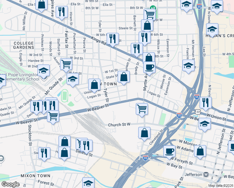 map of restaurants, bars, coffee shops, grocery stores, and more near 803 Rushing Street in Jacksonville