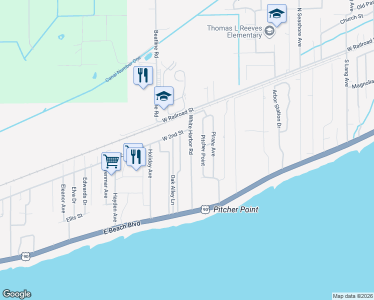 map of restaurants, bars, coffee shops, grocery stores, and more near 215 White Harbor Road in Long Beach