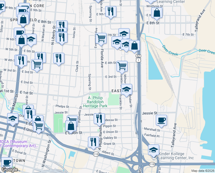 map of restaurants, bars, coffee shops, grocery stores, and more near 1147 Florida Avenue in Jacksonville