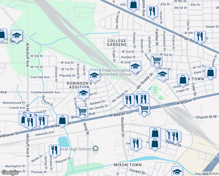 map of restaurants, bars, coffee shops, grocery stores, and more near 971 Baker Avenue in Jacksonville
