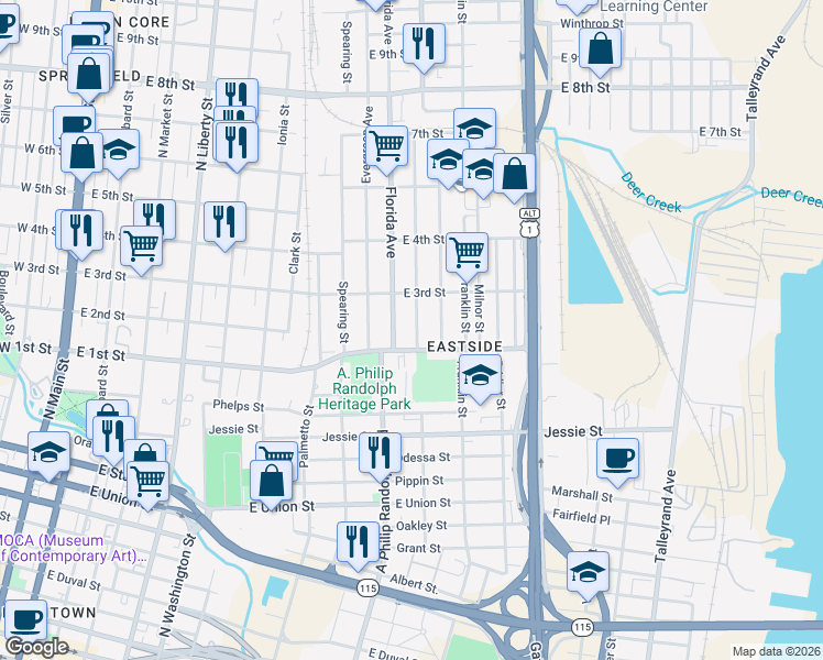map of restaurants, bars, coffee shops, grocery stores, and more near 1147 Florida Avenue in Jacksonville