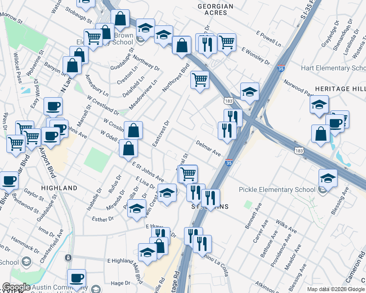 map of restaurants, bars, coffee shops, grocery stores, and more near 409 Delmar Avenue in Austin